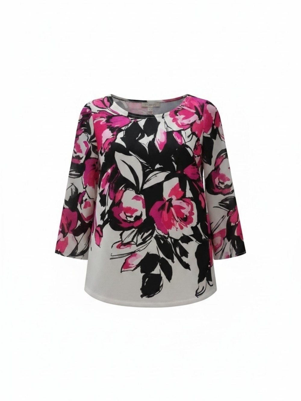 Roz & Ali Pink and Black Floral Scoop Neck Tunic Kimono Sleeve SZ S